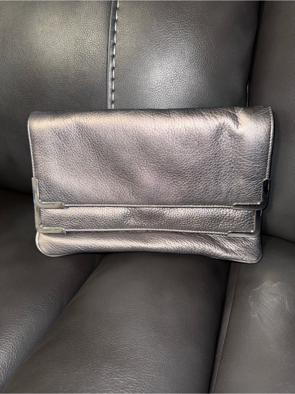 Michael Kors Metallic Silver Fold-Over Leather Clutch